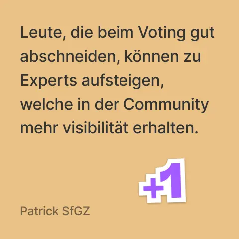 Patrick: Leute, die beim Voting gut abschneiden, können zu Experts aufsteigen, welche in der Community mehr visibilität erhalten.